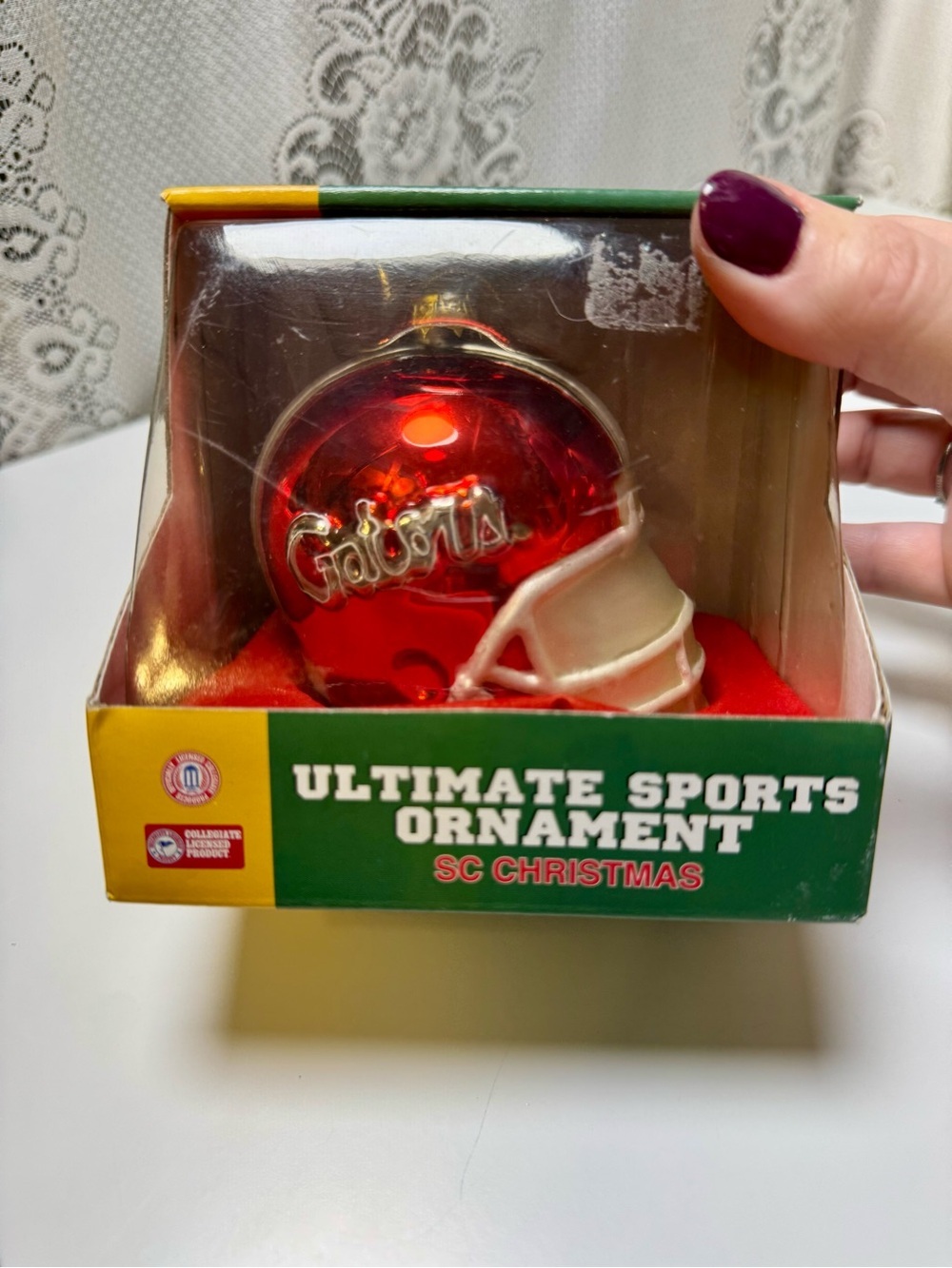 Red Football Helmet Ornament - "Gators" Script